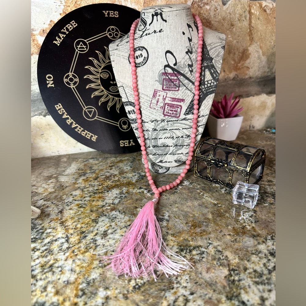 Pink Agate Stone Beaded Tassel Necklace